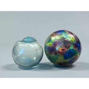 Vtg Pair Of Kitras Art Glass Calico Ball & Clear Orb Hand Blown Glass  Ornament